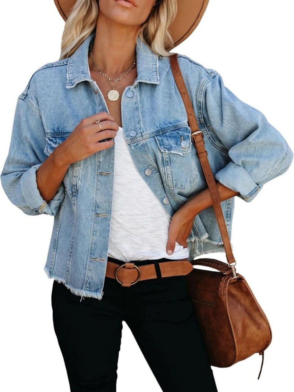 Cropped Frayed Denim Jacket for Women | Washed Button-Up Jean Jacket